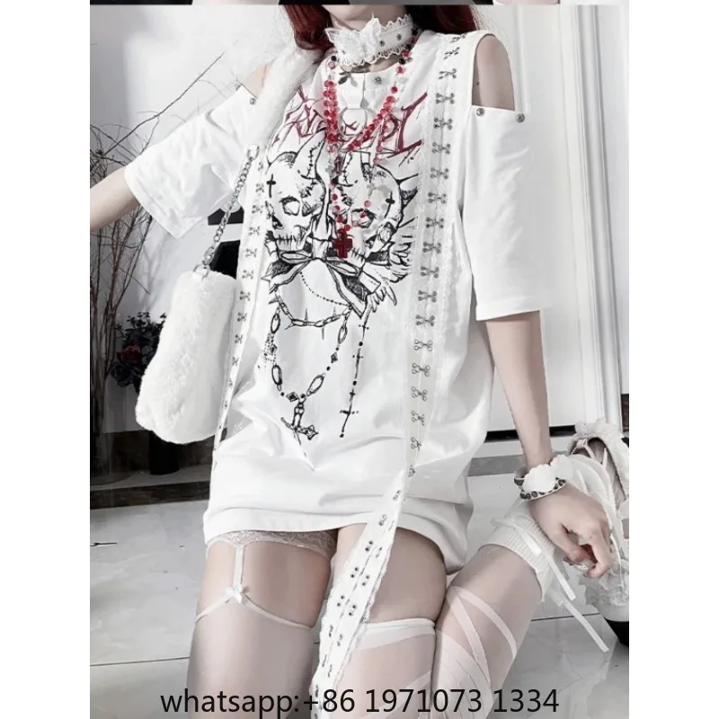 Summer Vintage Skull Printing Punk T-Shirt Women Harajuku Off Shoulder Grunge Tops Vintage Oversized Y2k Aesthetic Zipper Tees