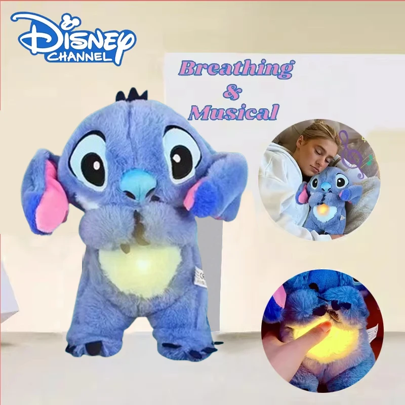 30Cm Disney Stitch Baby oddychanie niepokój zabawka do spania Lilo anioł pluszowa lalka oświetlenie muzyka dziecko śpiący towarzysz prezent dla dzieci