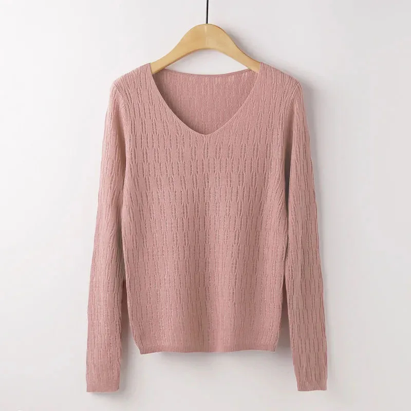 

Core-spun Knitted Sweaters Women New Spring V-neck Slim Pullovers Woman Solid Color Basic Bottoming Female Tops