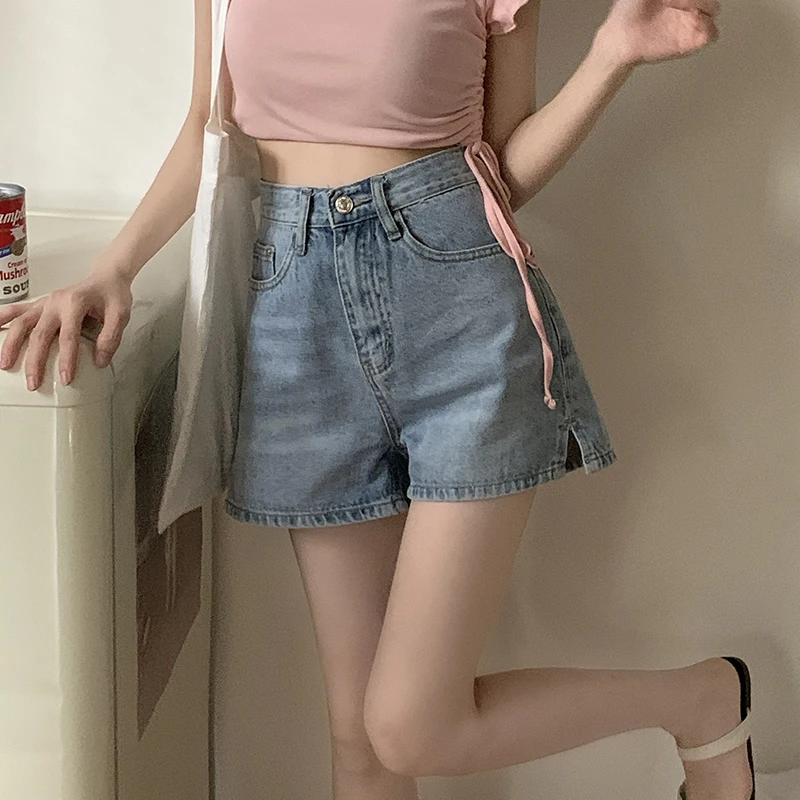 

2024 Summer Women New Korean High Waist Wide Legs Shorts Female Solid Color Denim Shorts Ladies Loose A-line Short Pant L115