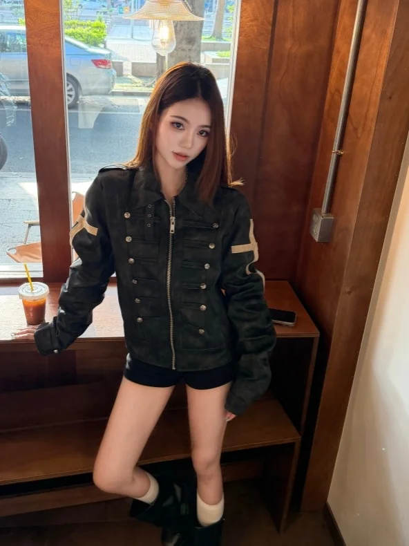 Knight Series Court Cross Button Jacket Women's Spring Autumn Visual Style Shoulder Length PU Leather Short Fit Fashion