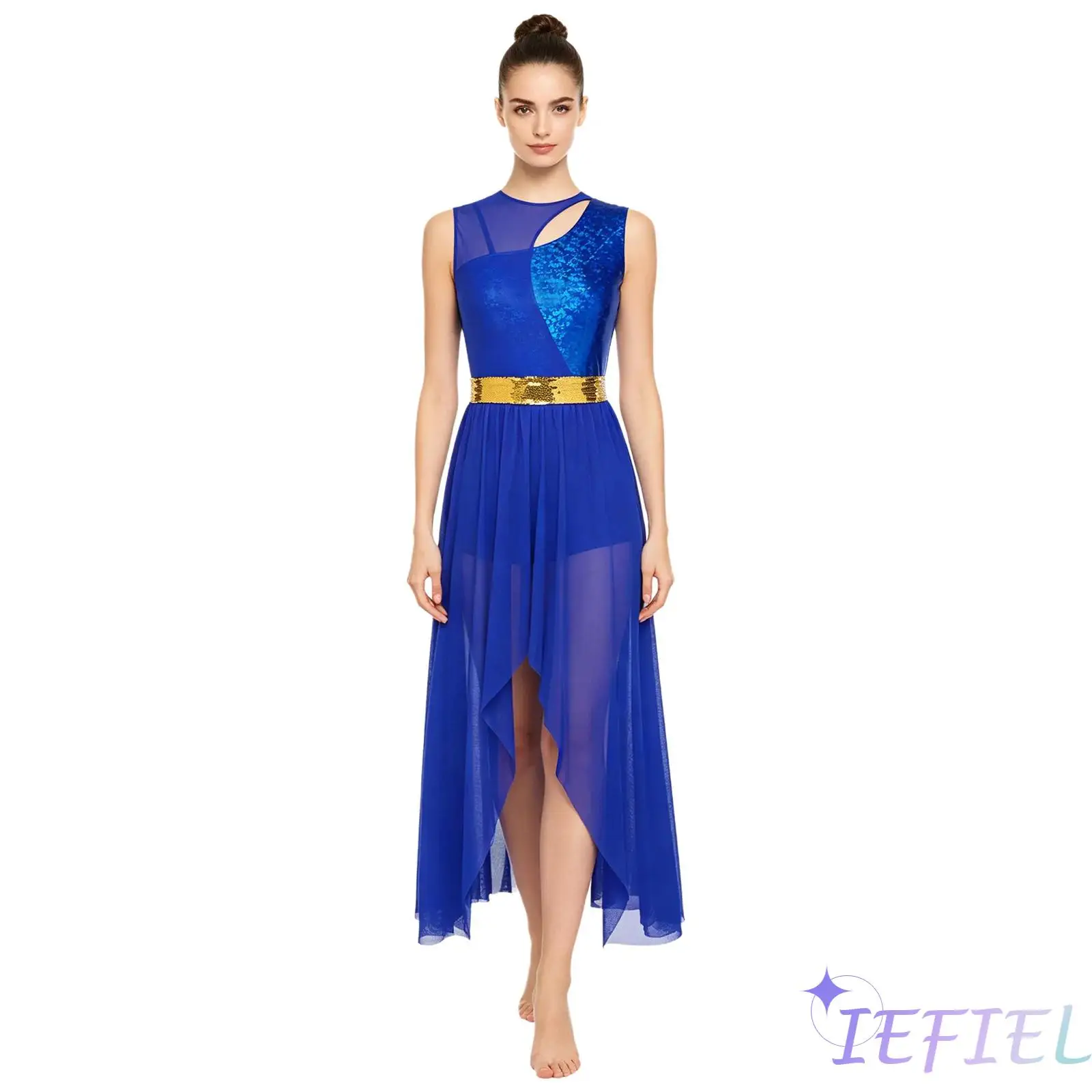 

Liturgical Praise Dance Dress for Women Sleeveless Metallic Dance Dresses And Sequined Waist Belt Contemporary Modern Dancewear