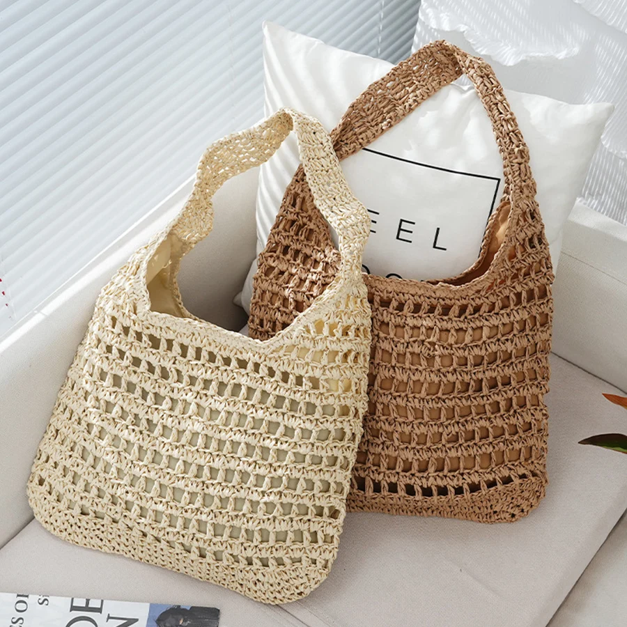 

French Beach Vacation Paper Straw Bags Casual Large Capacity Woven Handbag Vacation Crochet Hollowed-out Shoulder Bag Boho Bags