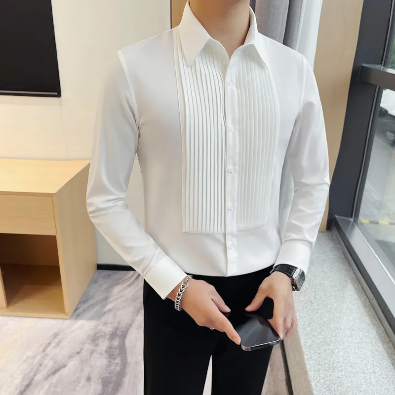 High Quality Organ Pleated White Shirt Men Slim Fit Long Sleeve Casual Shirts Versatile Business Social Dress Shirt men clothing