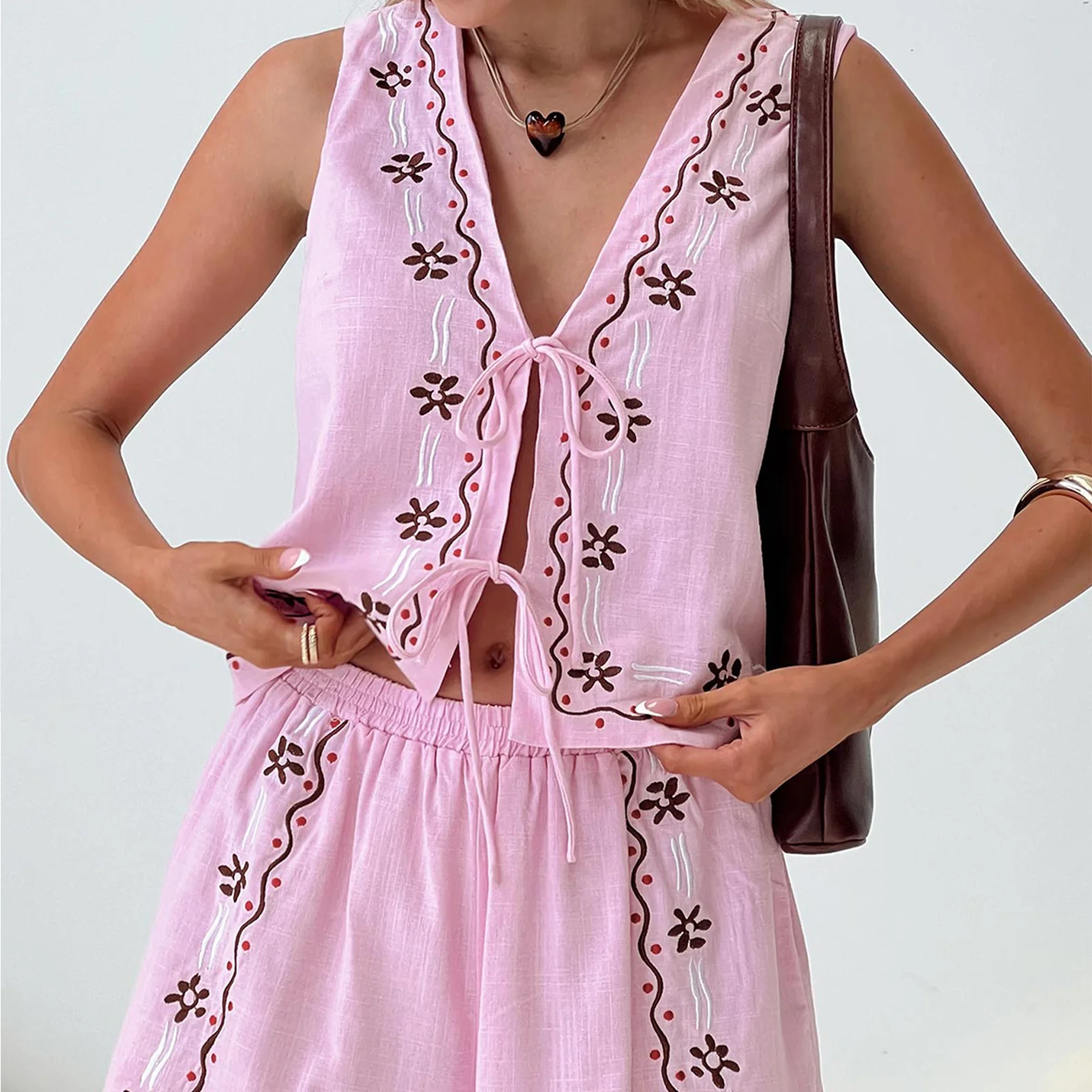 Embroidery Tie-Up Front V-Neck Sleeveless Tank Tops Elastic Waist Shorts 2 Pieces Clothes Set Women Summer Shorts Outfits