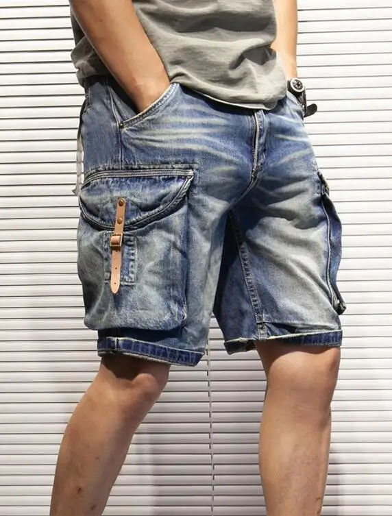 Summer Men's Loose Straight Leg Denim Shorts With Multiple Pockets, Outdoor Knee Length Jean Shorts