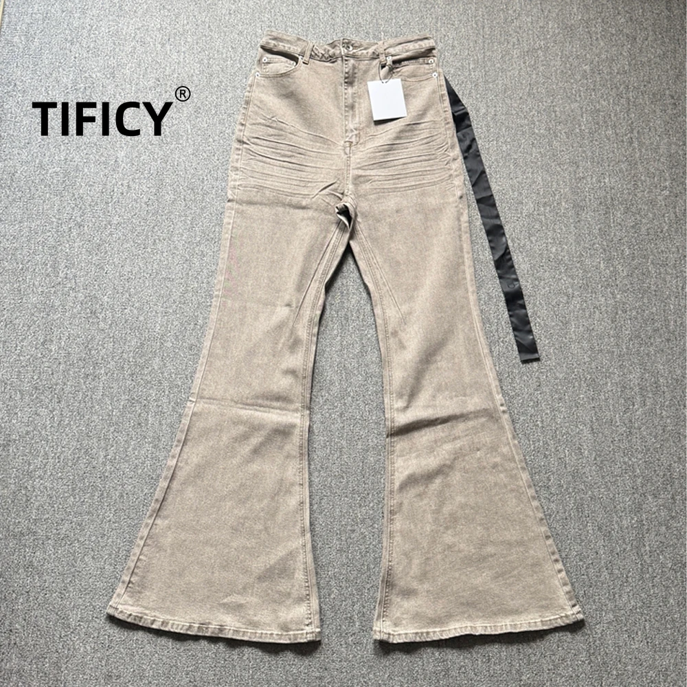 

High Street RO Style Jeans Pants Men's Horn Wide Legs Look Skinny Stacked Dragging Wrinkled Cat Beard Wasteland Denim Pant