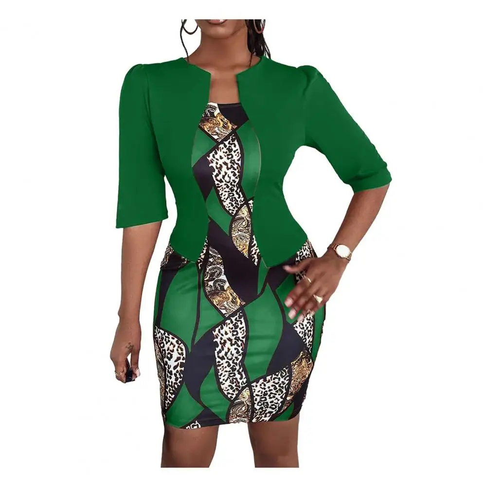 

Elegant Women Dress Printed Formal Sheath Dress for Women with Fake Two-piece Coat Combo Slim Fit Half Sleeve