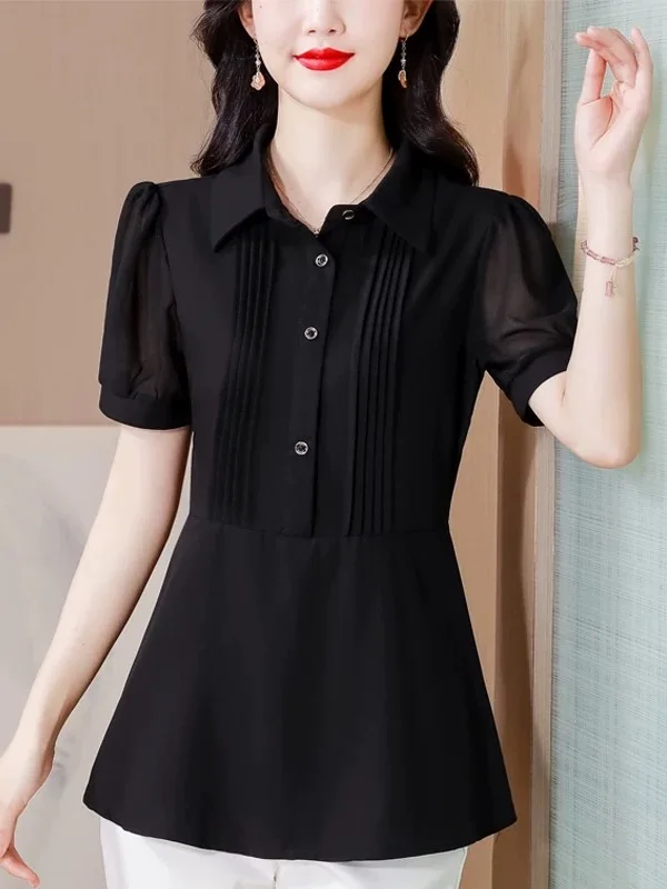 

Black Chiffon Short Sleeve Shirt Women's 2026 New Summer Luxury Sensation Skirt Hem Top Mom's Elegant Style Small Shirt