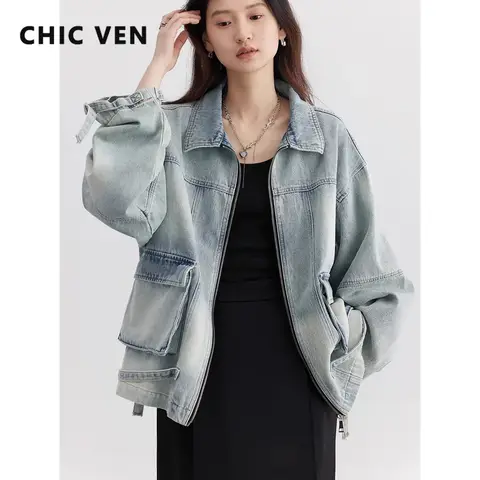 CHIC VEN 여성용 재킷, 루즈 캐주얼 블루 코튼 데님 잭, 여성용 아우터, 여성용 오버코트, 카우보이 코트, 용수철 가을, 2024