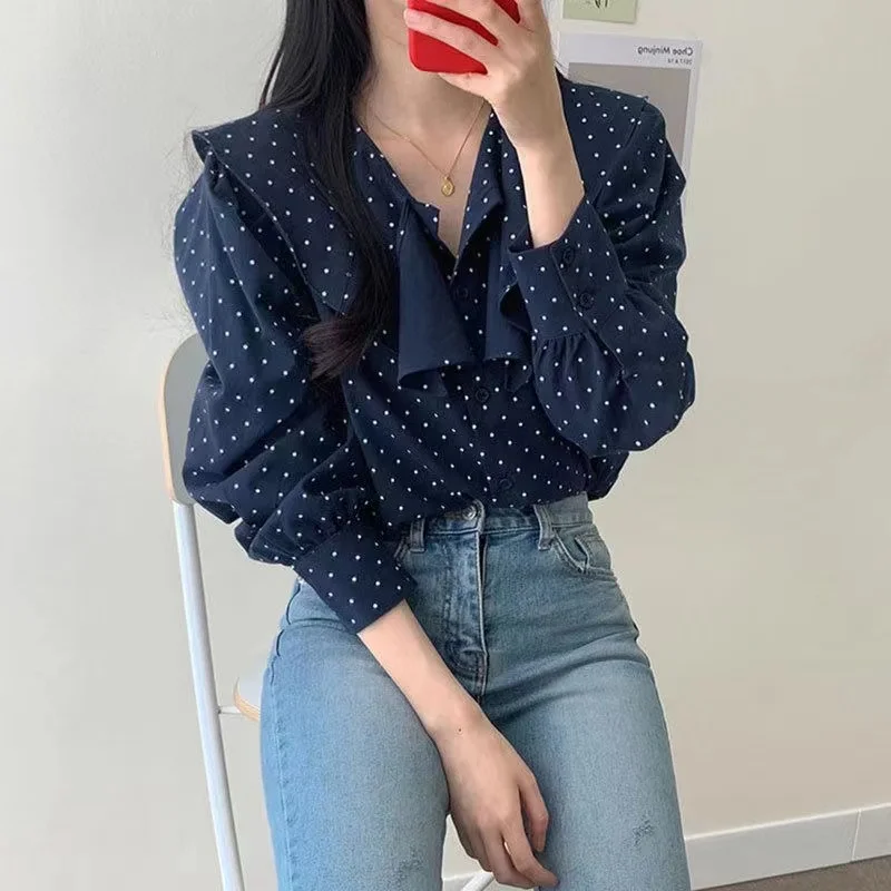 Spring New Loose Puff Long Sleeve Polka Dot Blouse Korean Style Chic Irregular Peter Pan Collar Shirt Casual Ruffled Tops Blusas