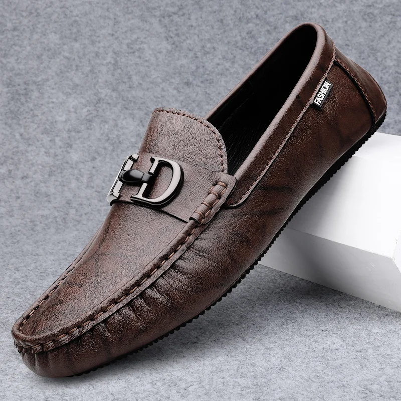 Men's Slip-on Comfy Loafers Metal Buckle Leather Shoes Handmade Male Casual Driving Flats Leisure Moccasins Soft Business Shoes