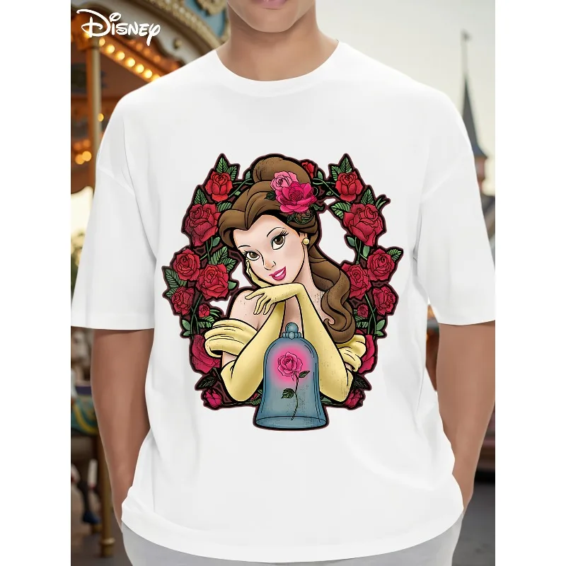 

Disney Beauty and Beast Bell&Magic Rose Pattern T-shirt Bell's Rose Design Comfortable Short Sleeve Round Neck Casual T-shirt