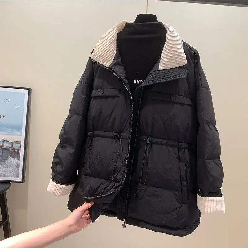 2025年カジュアル冬服新作ジャケットウエスト細め切り替えコントラストカラー保温ダウンコットン服大きいサイズハイストリート