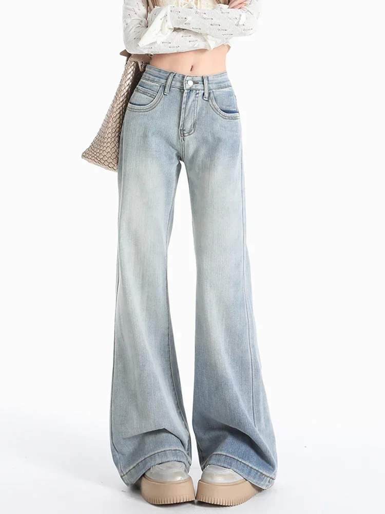 

Y2K Women Micro Flared Jeans Mid Low Rise Bamboo Striped Straight Leg Non Stick Autumn Trousers