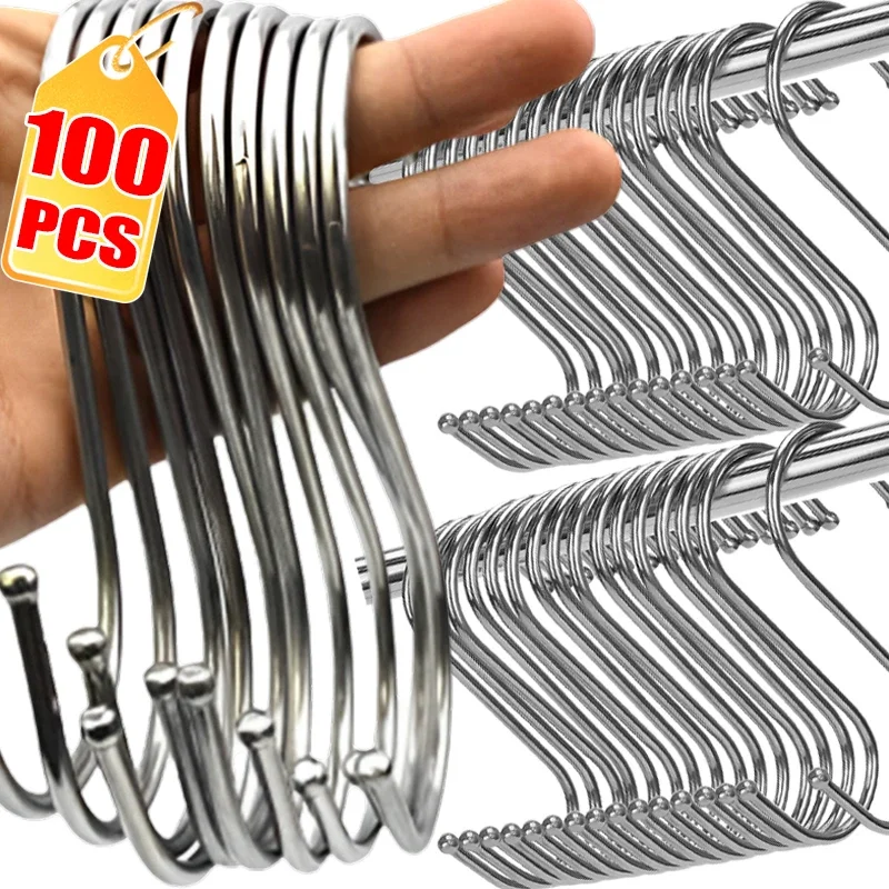 

100/10PCS Silver Metal S Hooks Stainless Steel S Shaped Hooks for Kitchen Bathroom Bags Clothes Towels Plants Hanging Holders