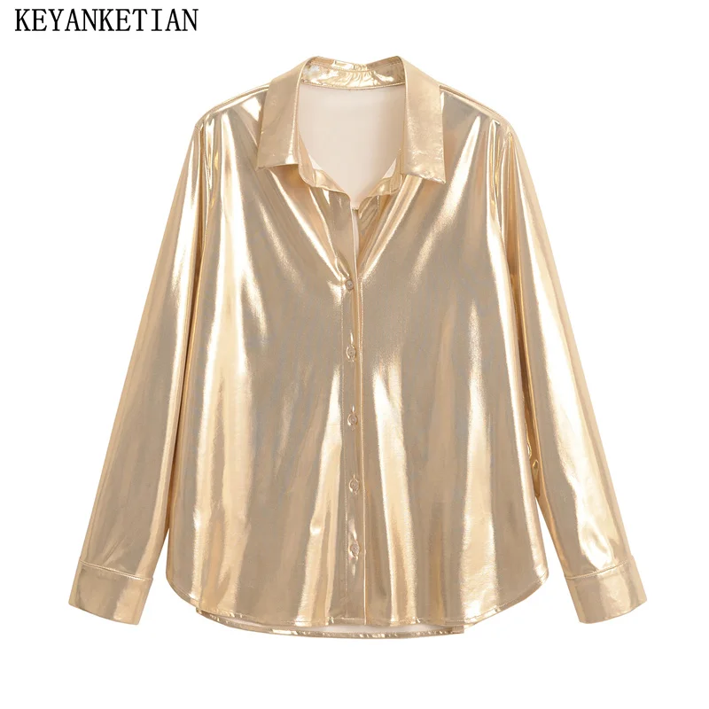 

KEYANKETIAN 2024 New Launch Women's Metal Coating Texture Long Sleeve Shirt Fashion Chic Button-up Loose Gold Top Blouses Female