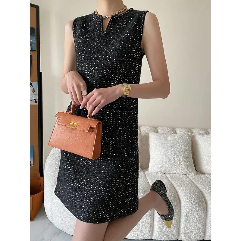 Sequin Embroidery Classic H Cut Tweed French Sleeveless Dress Small Fragrance