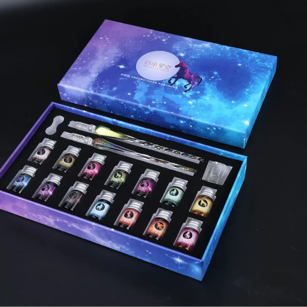 قلم السماء المرصعة بالنجوم الملون، قلم زجاجي، قلم غمس، أدوات مكتبية، هدية إبداعية، قلم توقيع، هدية