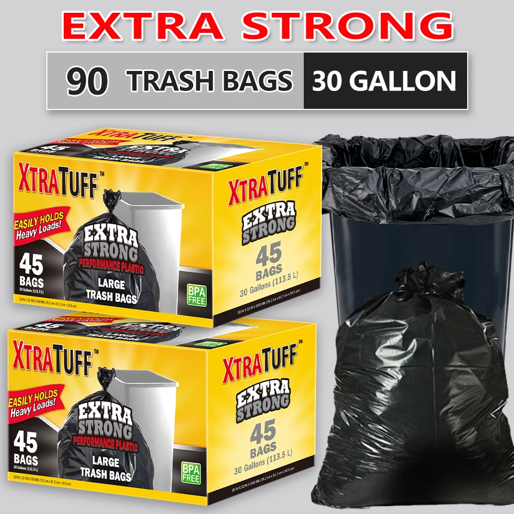 

Xtratuff Trash Bags 30 Gallon Black Large Trash Bag BPA FREE Garbage Bags Heavy Duty 90 Count Strong Rubbish Bag