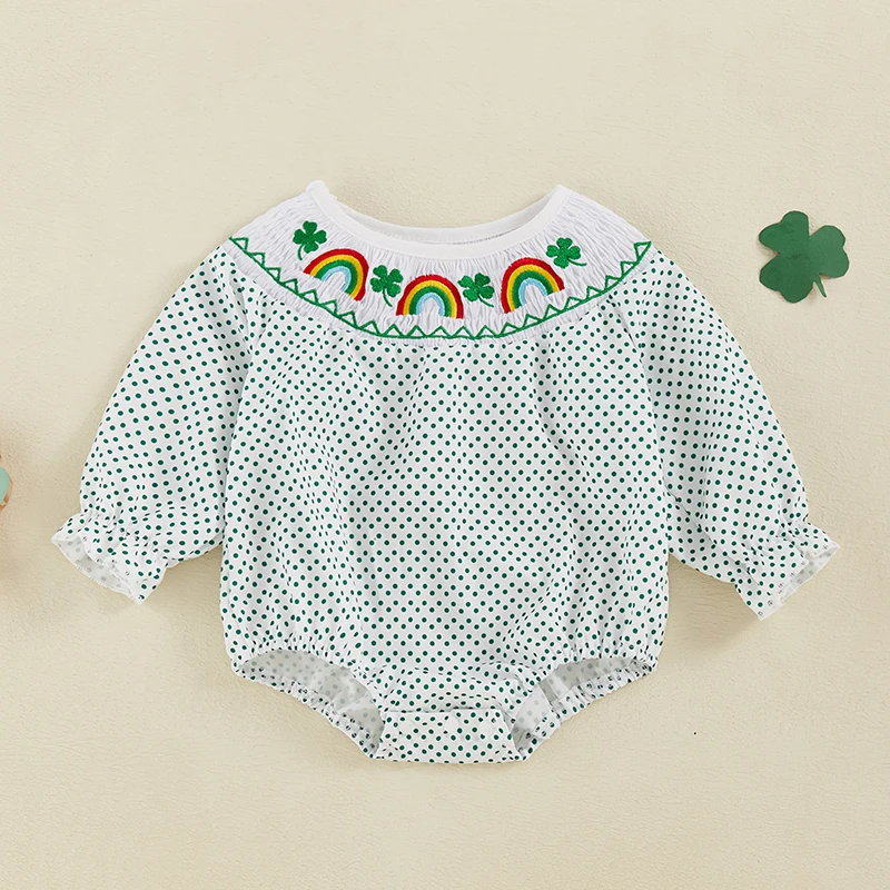 Cute Toddler Floral Print Jumpsuit Shamrock Lucky Charm  with Ruffle Sleeves St Patrick s Day Outfit for Girls