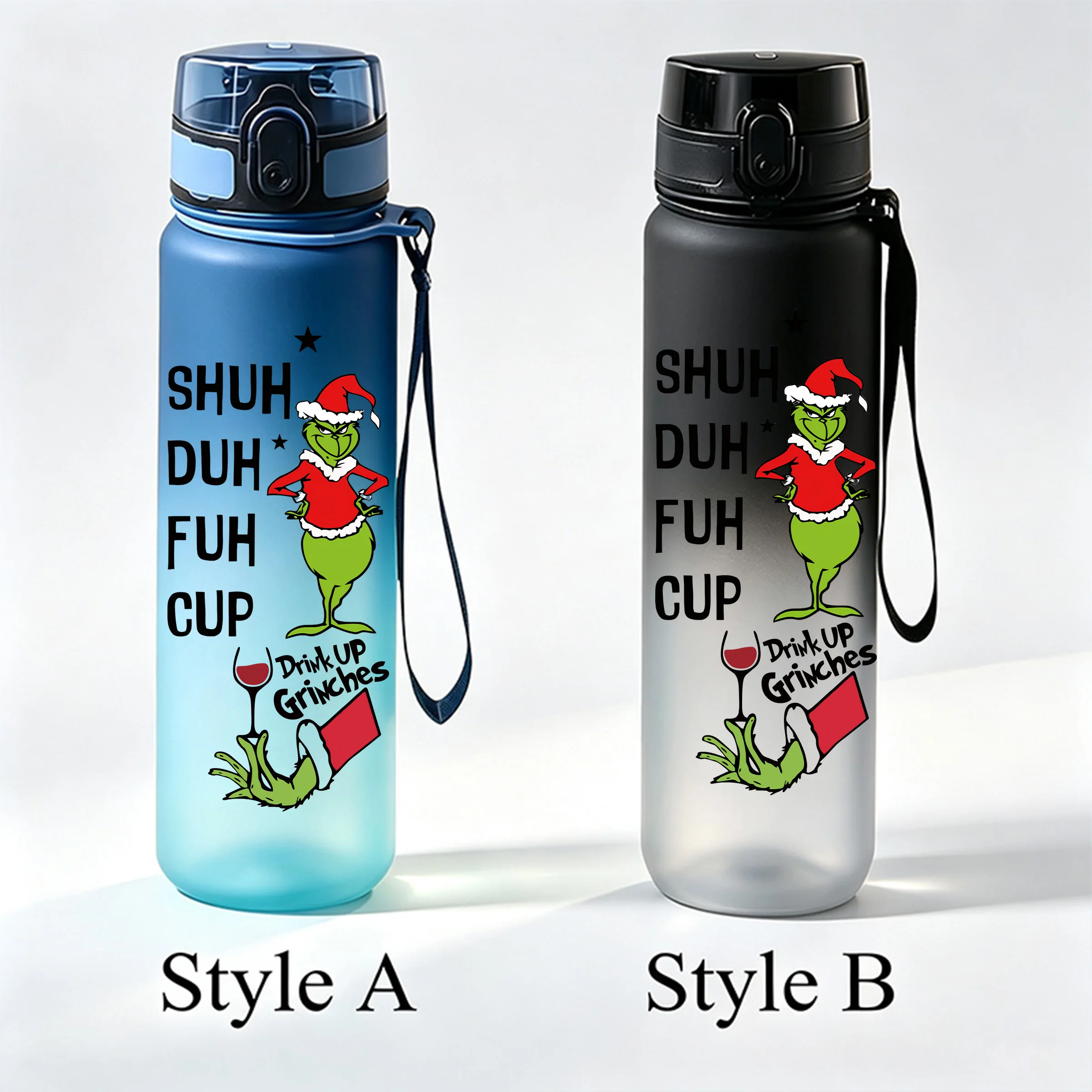 650ml The Grinch Christmas Bouncing Lid Water Cup, Gradient Frosted Leak‑proof Portable Sports Drinking Bottle with Lanyard
