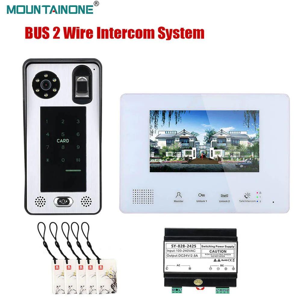 

7 Inch BUS 2 Wire Fingerprint Video Door Phone Intercom Entry System Video Doorbell Rainproof IR Camera for Home Villa Building