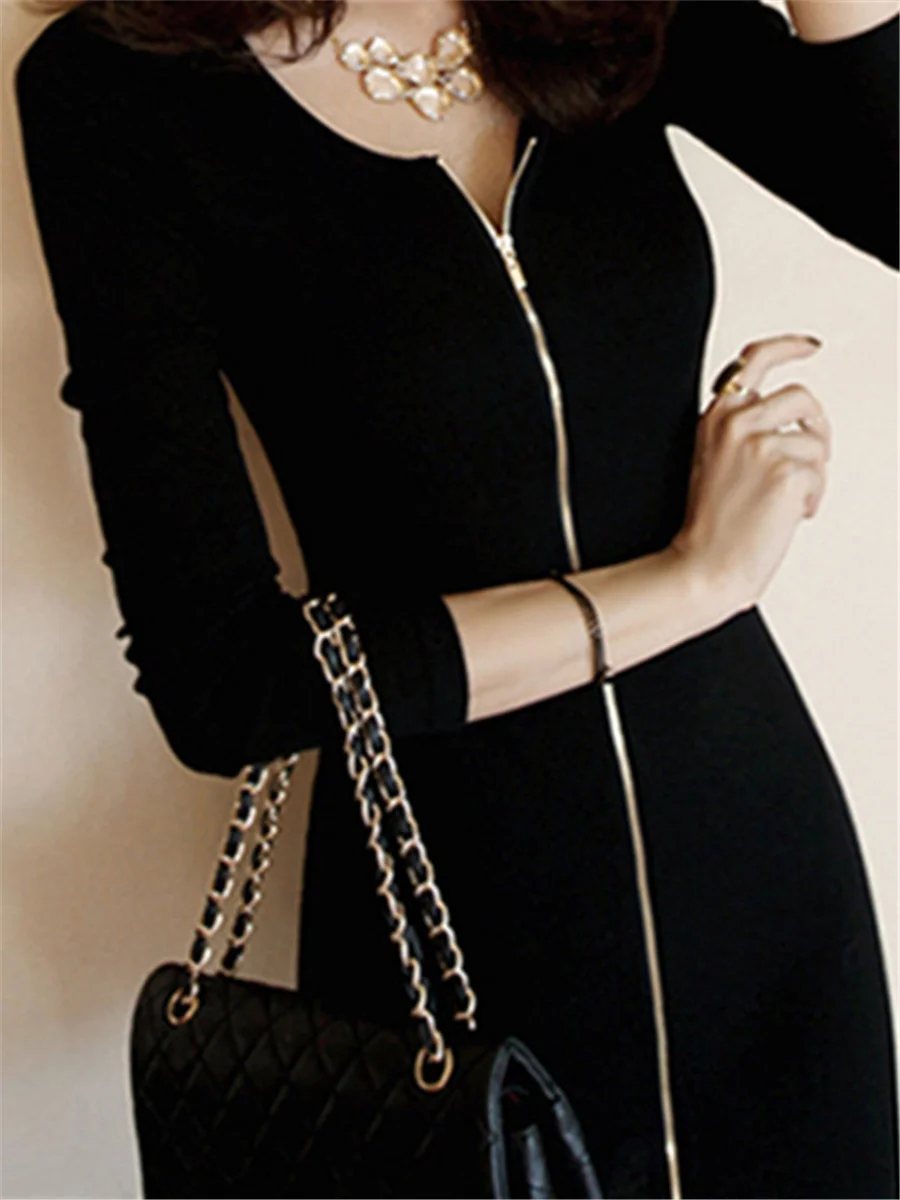 

Sexy V-ne Zipper Slimming Bla Dr Cover up Wrap Bodycon Dr Pure Color High Waist Long Sve ort Autumn Winter Wom...