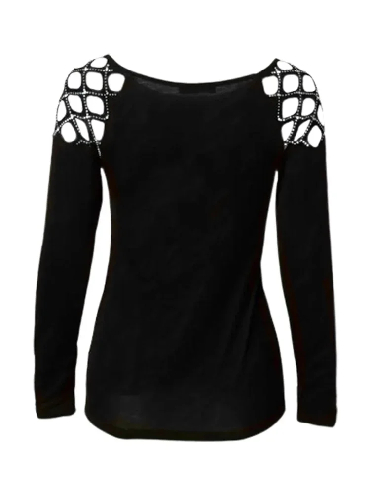 Chic Zircon Heart Skull T-shirt Women Solid Color Hollow Long sleeved Tops Fashion Spring Autumn Tee Clothes