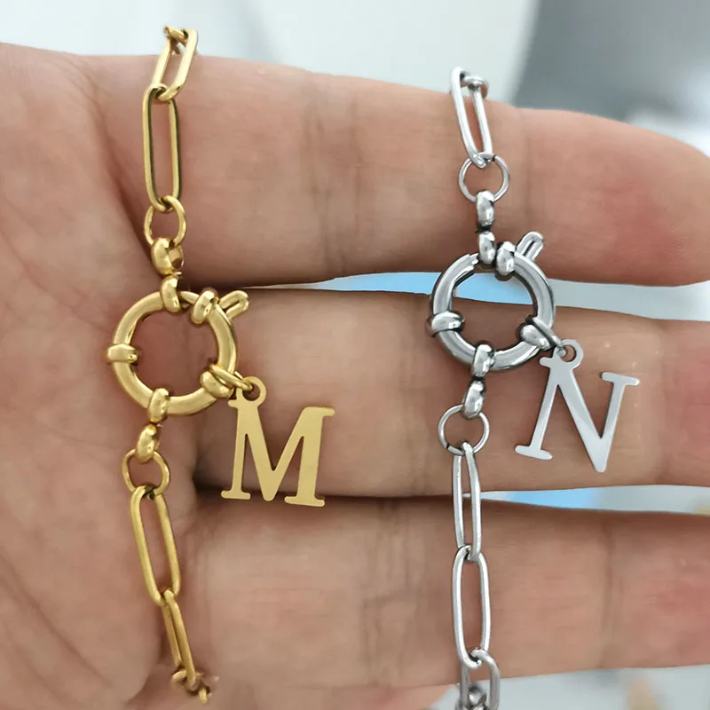 QMHJE Initial Charm A-Z Letters Bracelet Women Men Geometric Gold Silver Color Stainless Steel Chain Big Small Alphabet DIY