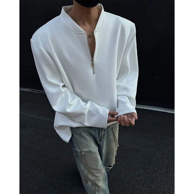 Spring Long Sleeved T-shirt Men Black White Casual Zipper T Shirt Men Streetwear Korean Loose Shoulder Pad T Shirt Mens Top
