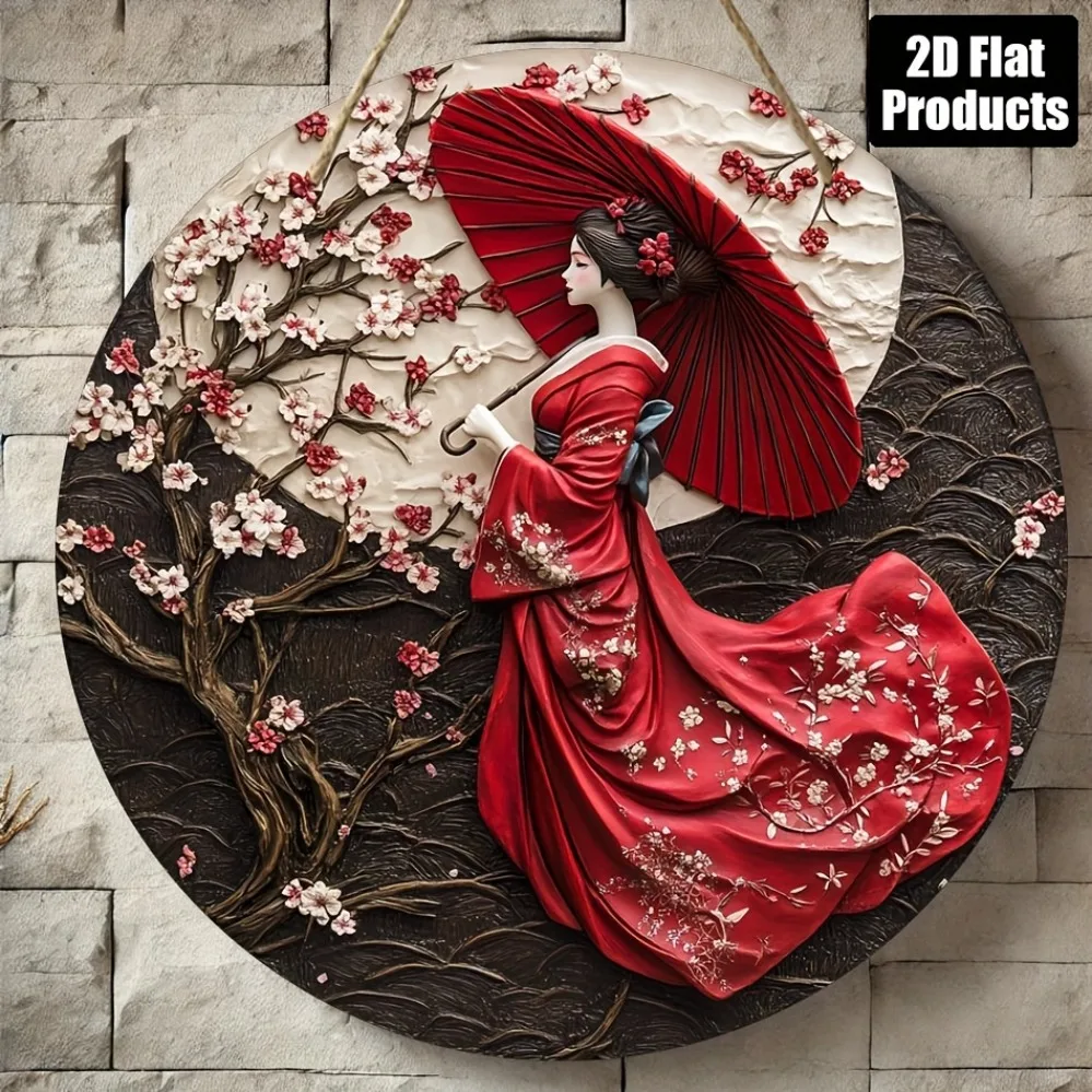 2D Metal Sign, Round Metal Sign with Kimono Woman, Wall Art for Bar Kitchen Coffee Shop Home Living Room Office Party Decor Gift
