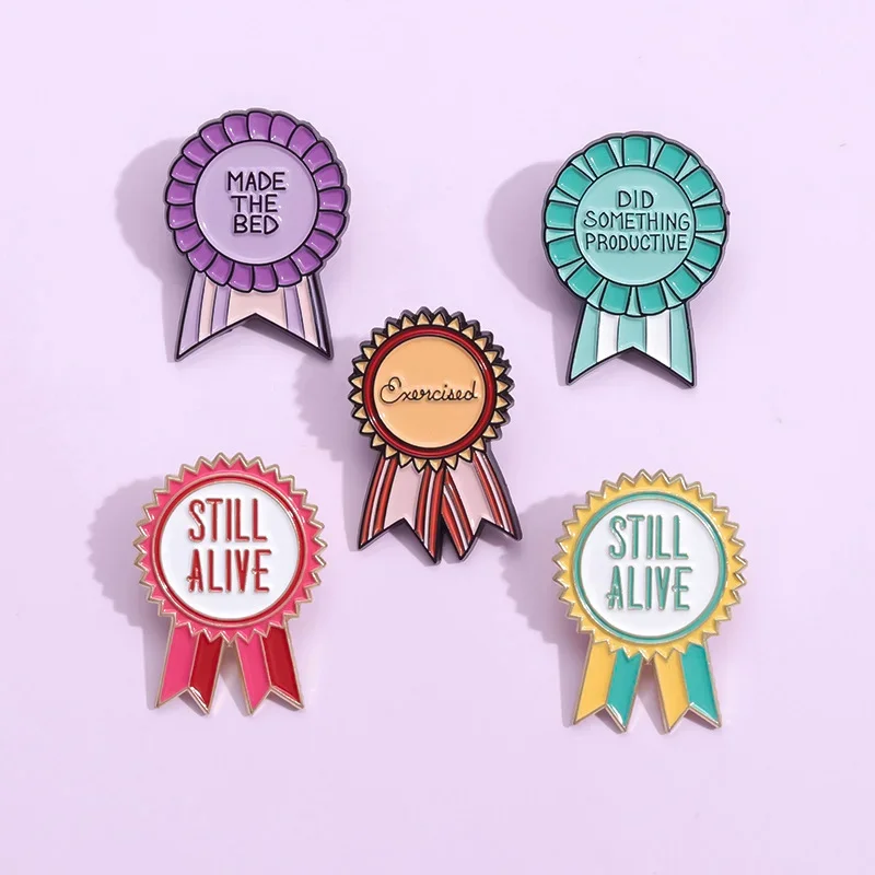 Creative Funny Medal Enamel Pin Still Alive Practiced Self Care Award Ribbon Brooch Clothes Lapel Badge Jewelry Gift For Friends