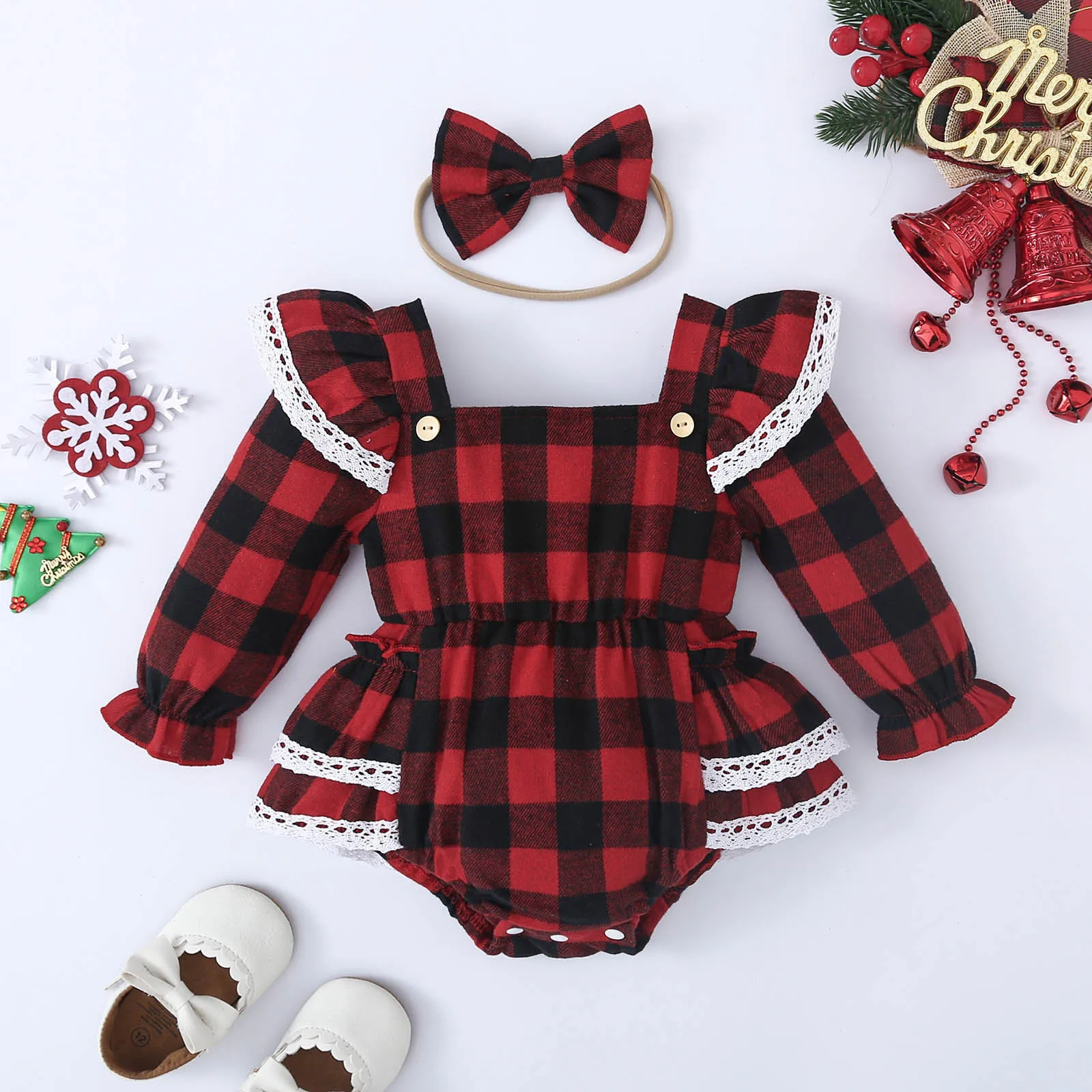 0-18M Christmas Baby Red Romper Newborn Toddler Infant Girl Cotton Lace Trim Plaid Jumpsuit With Headband Xmas New Year Costumes