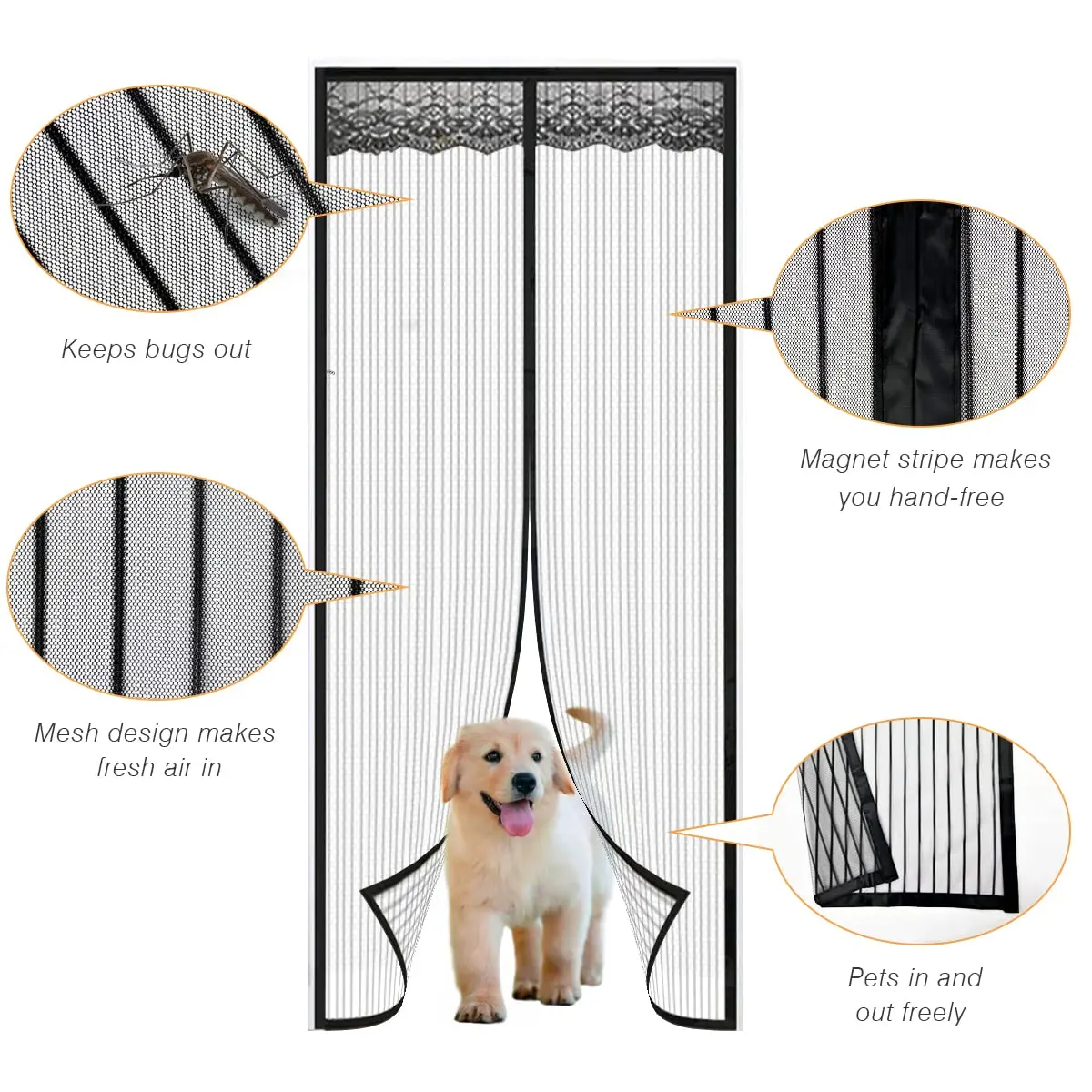 Magnetic Screen Door，Pet Friendly Walk Through Door Screen Magnetic Closure- Magnetic Screen Door Mesh Keeps Bugs Out-Black