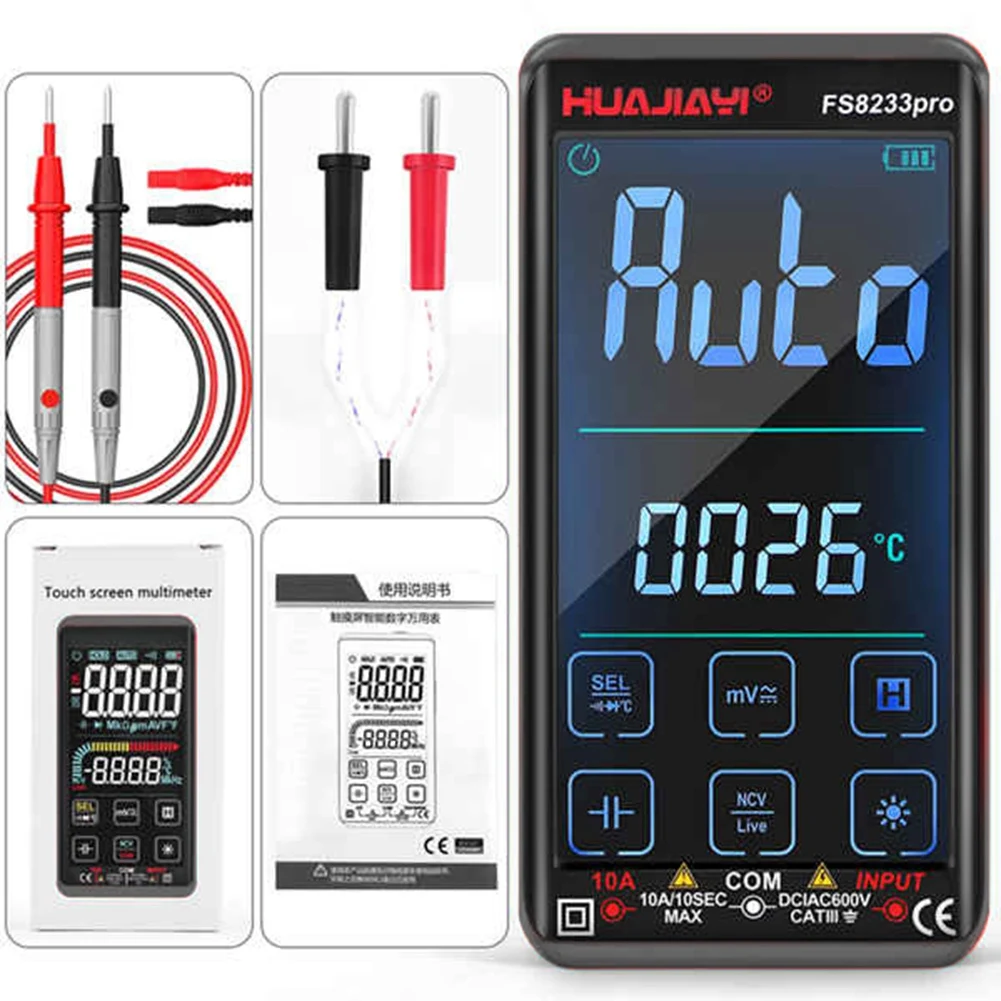 HUAJIAYI FS8233PRO Touch Screen Smart Digital Multimeter DC/AC 10A Multimetro Transistor 9999 Counts True Rmsauto Range Black