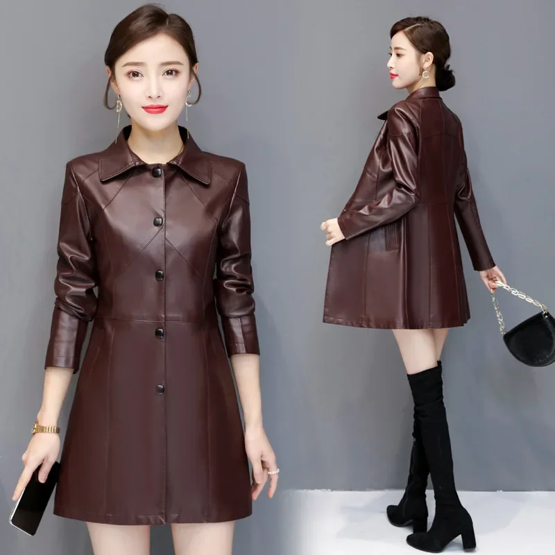 2023 Spring Fall Women's Leather Jackets Fashion Mid-length Coat Ladies Slim Elegant Leather Jacket Women Clothes одежда женская