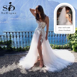 SoDigne Boho Abiti da sposa Glitter Tulle Applicazioni di pizzo A-Line Abito da sposa con spacco laterale Abito da sposa personalizzato con scollo a cuore