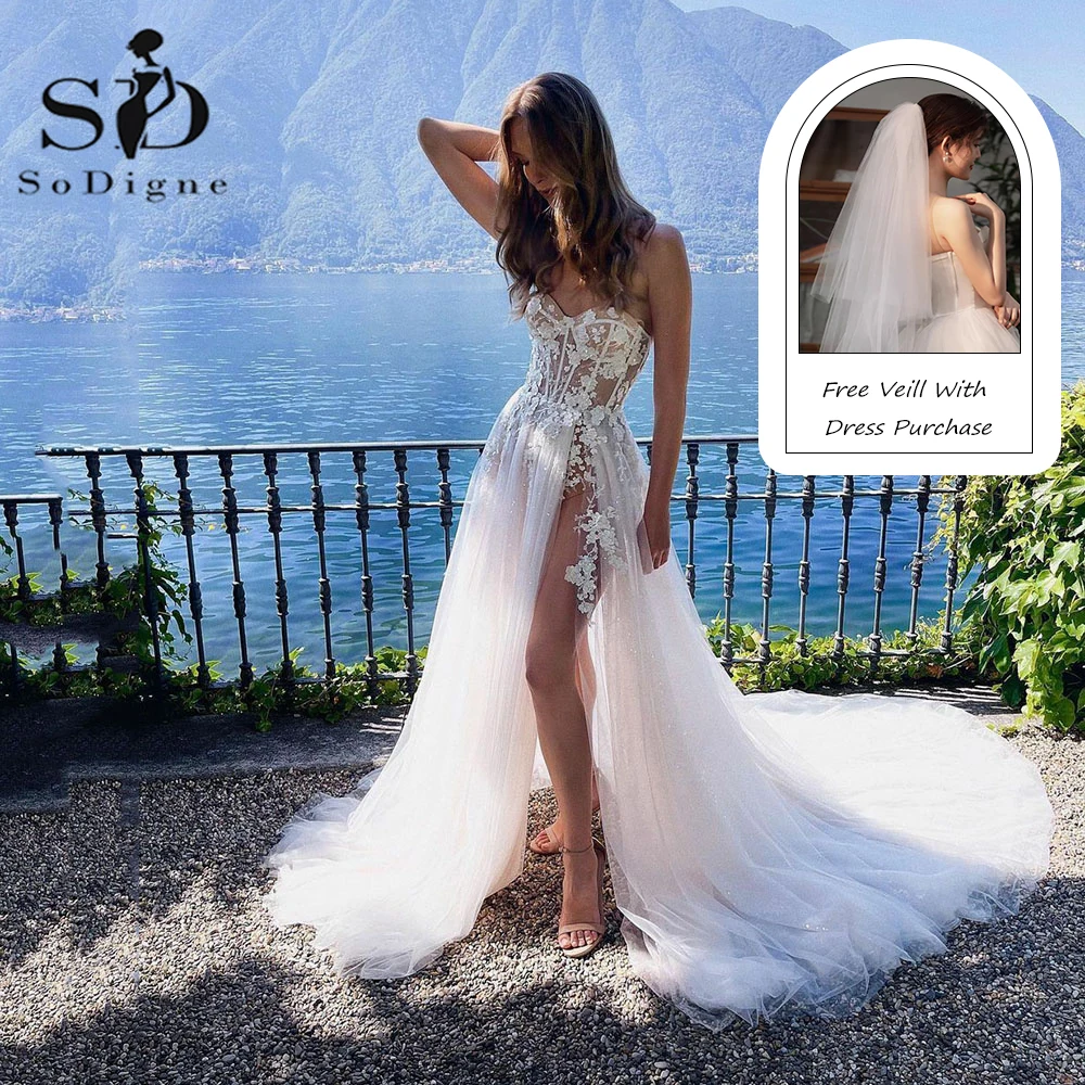 SoDigne suknie ślubne Boho brokatowy tiul koronkowe aplikacje linia A rozcięcie z boku suknia ślubna Sweetheart dostosowana suknia ślubna