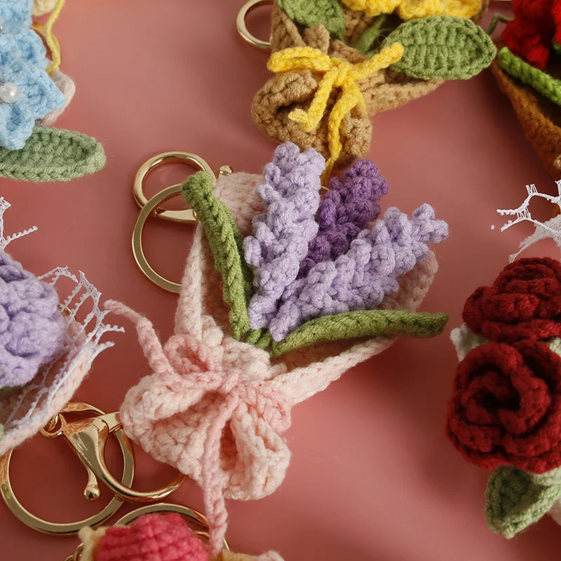 8 سنتيمتر النباتات المحشوة عباد الشمس الورود توليب Carnatio اليدوية الكروشيه سلاسل المفاتيح قلادة صغيرة على ظهره الشنق هدايا عيد الميلاد