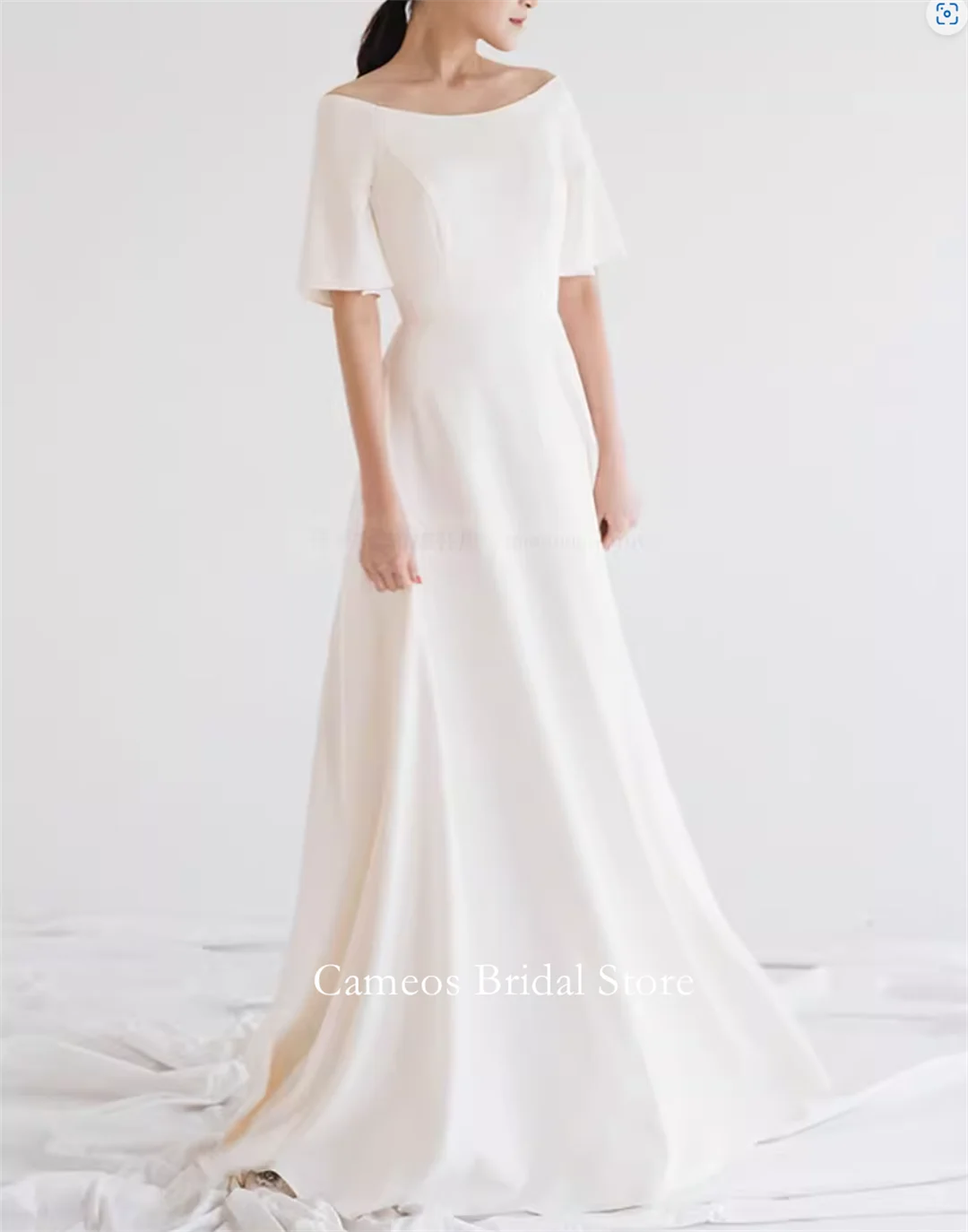 SONDR-vestidos de novia personalizados de manga corta, color marfil, cuello barco, corsé de satén coreano, corte en A, vestidos de novia para mujer