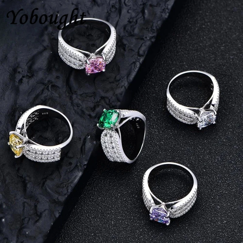 

New 925 Silver Jewelry Full Diamond Ring Wall Inlaid With 8 * 8Mm Fat Square High Carbon Diamond Colorful Treasure Women'S Ring