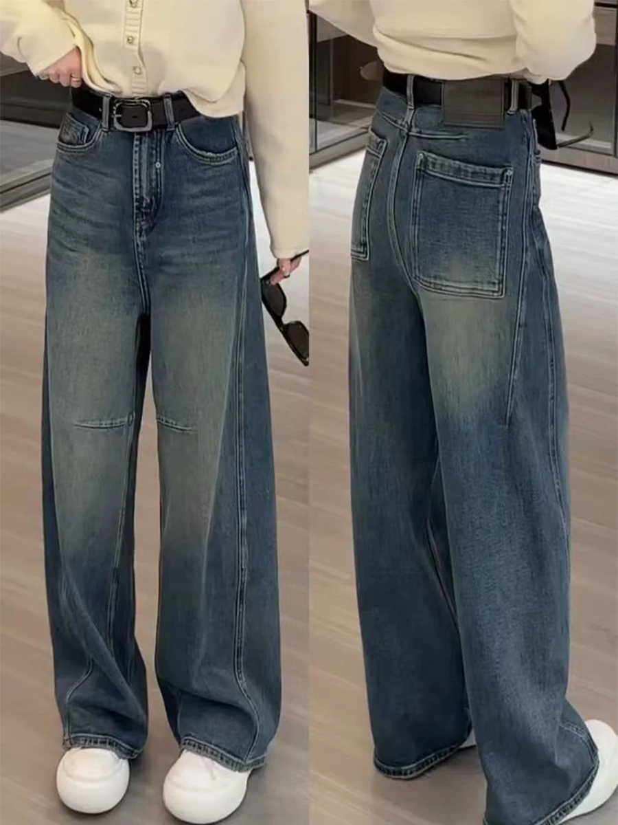 

Свободные джинсы с высокой талией и прямыми штанинами для женщин, весна-осень, большие размеры, для фигуры «груша», утягивающие, широкие брюки, повседневные, стильные