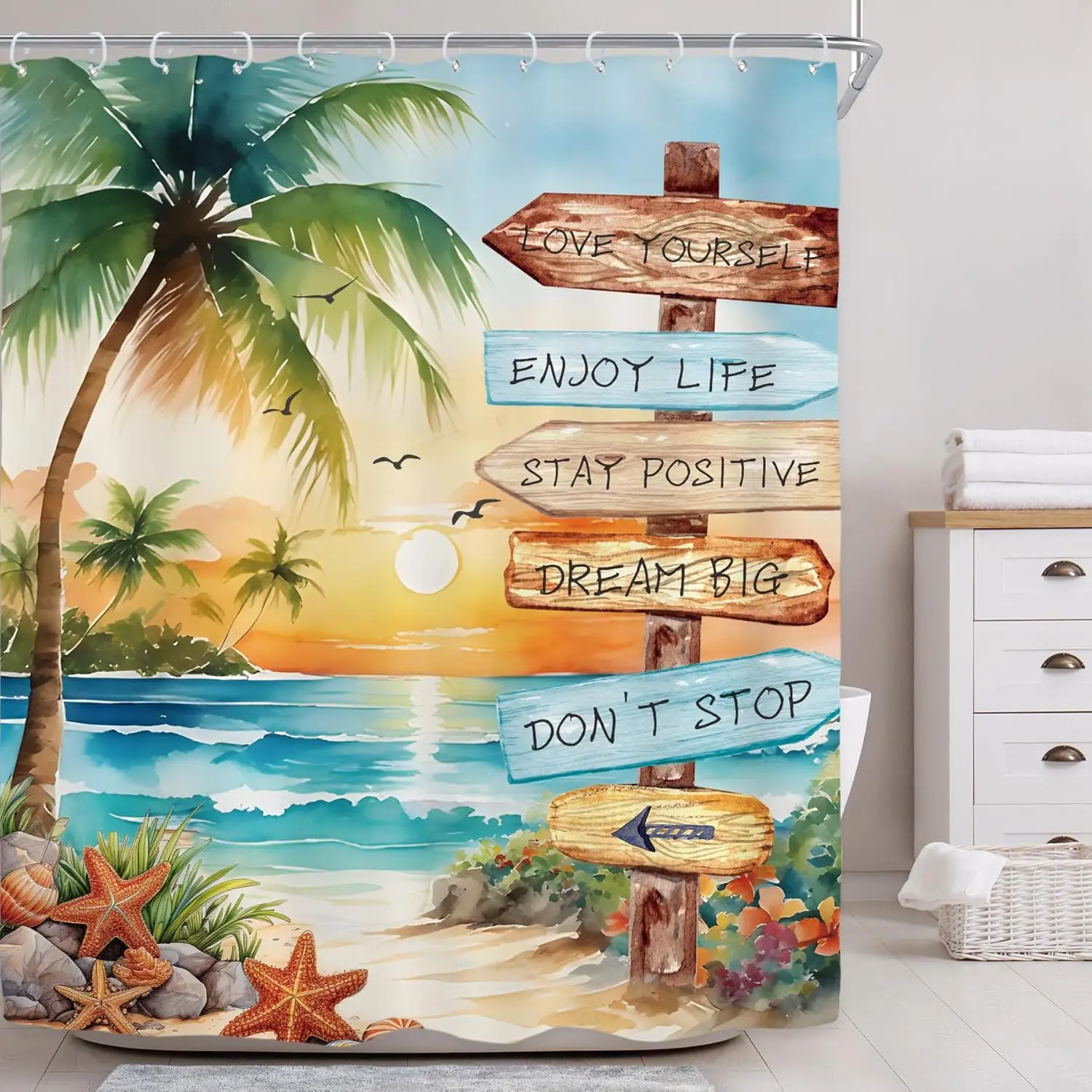 Tropical Palm Tree Shower Curtain, Beach Sunset Coastal Design, Waterproof Polyester Art Print