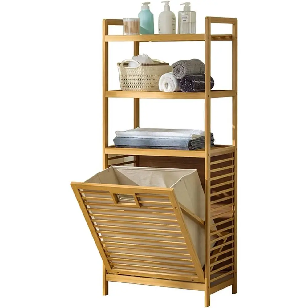 

3-Tier Bamboo Laundry Hamper with Out Basket for Storage in Bathroom or Laundry Room