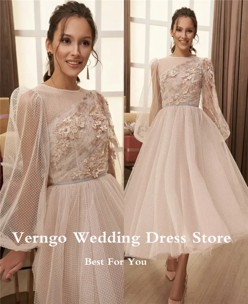 Verngo Sweetheart Full Lace Knee Length Wedding Dresses Puff Long Sleeves Bones Bride Gowns Prom Party Dress Robe de Soiree