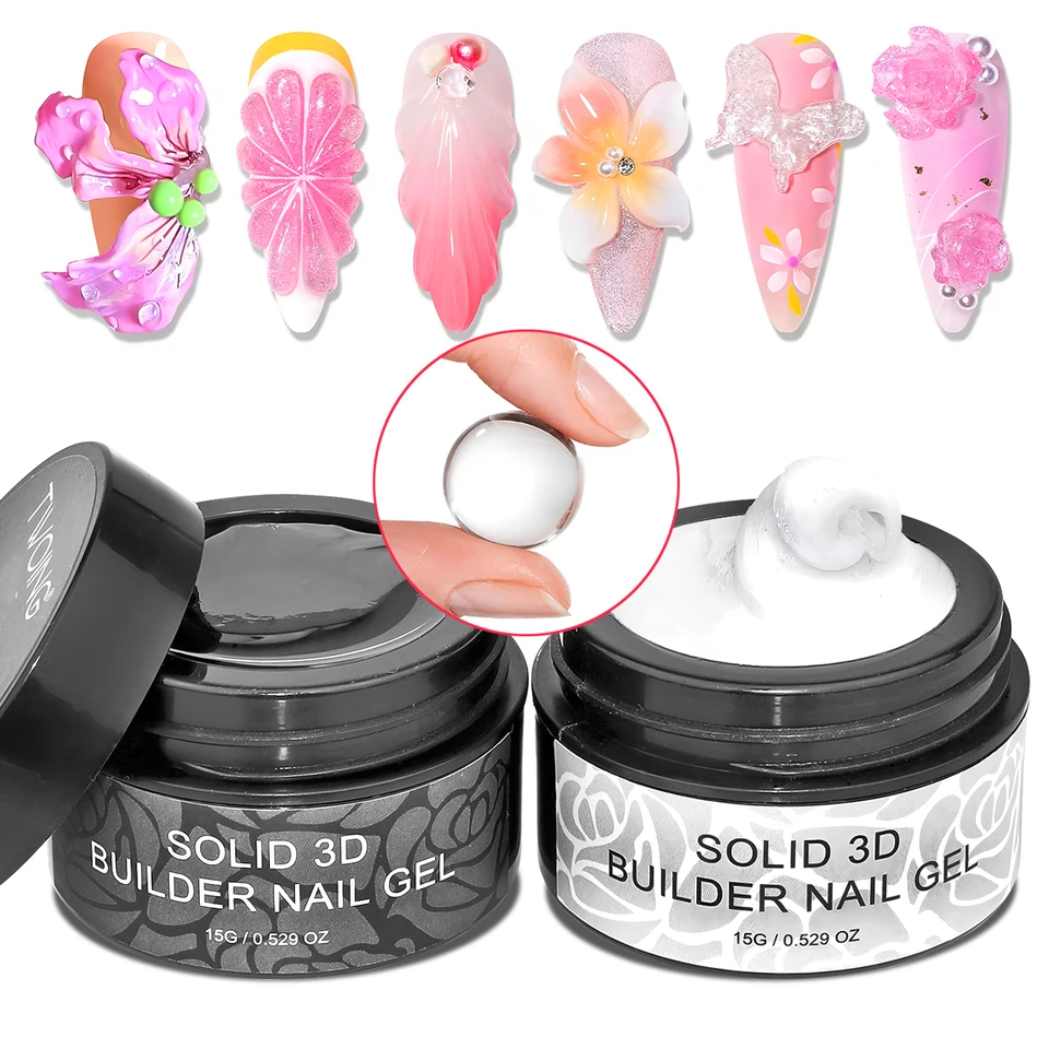 TWOING 15g Gel Duro Sólido Transparente y Blanco No Pegajoso para Uñas Postizas, Modelado 3D, Esculpido y Tallado