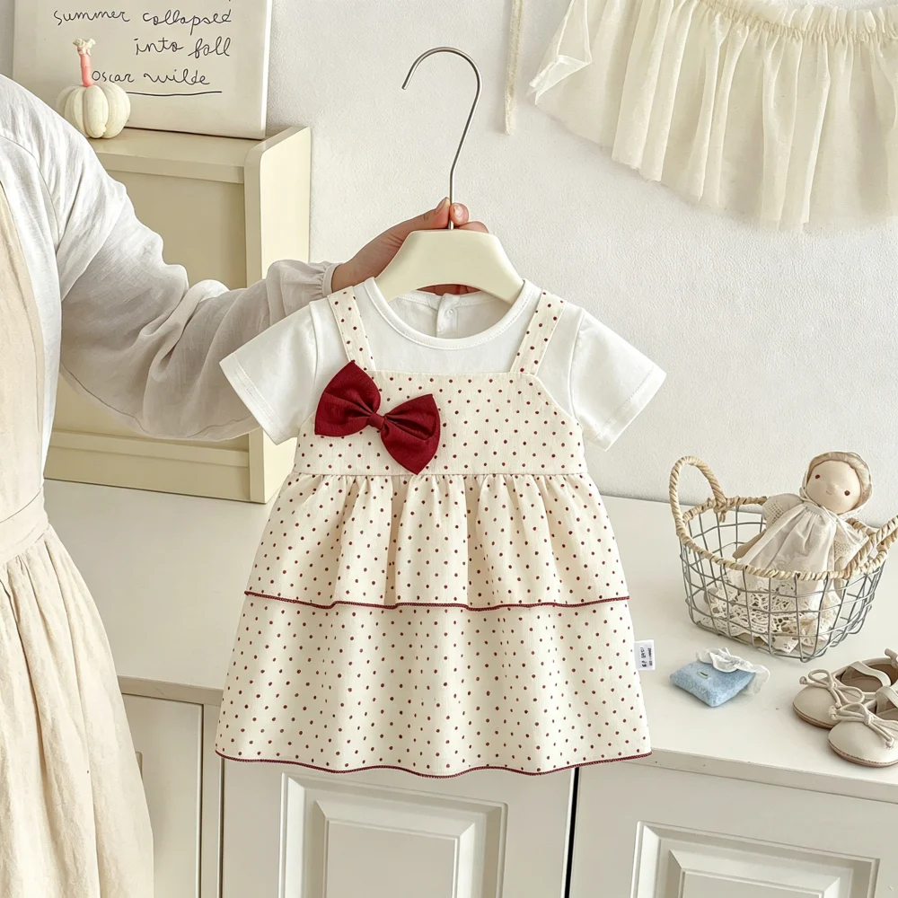  ﻿Baby Dress Summer Polka Dot Bow Short Sleeved Girls' Dress Cute Beach Casual Children's Dress Baby Girl Clothing
