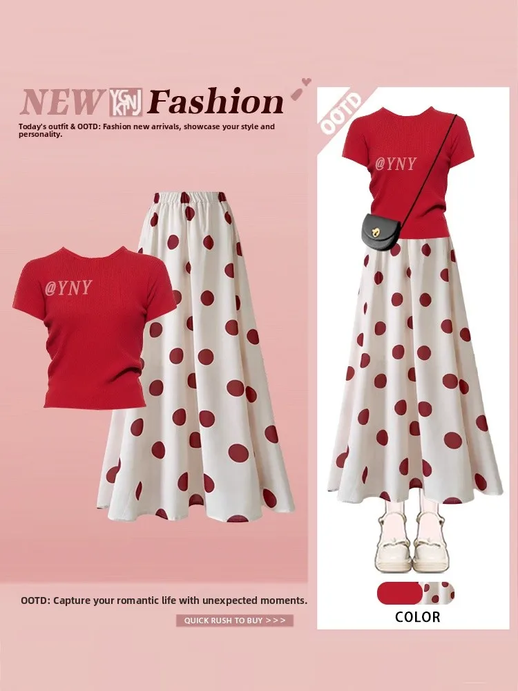 Retro sle roupa de verão feminina bolinhas vermelhas solto ajuste f saia ort sve redondo ne topo e saia conjunto de duas peças