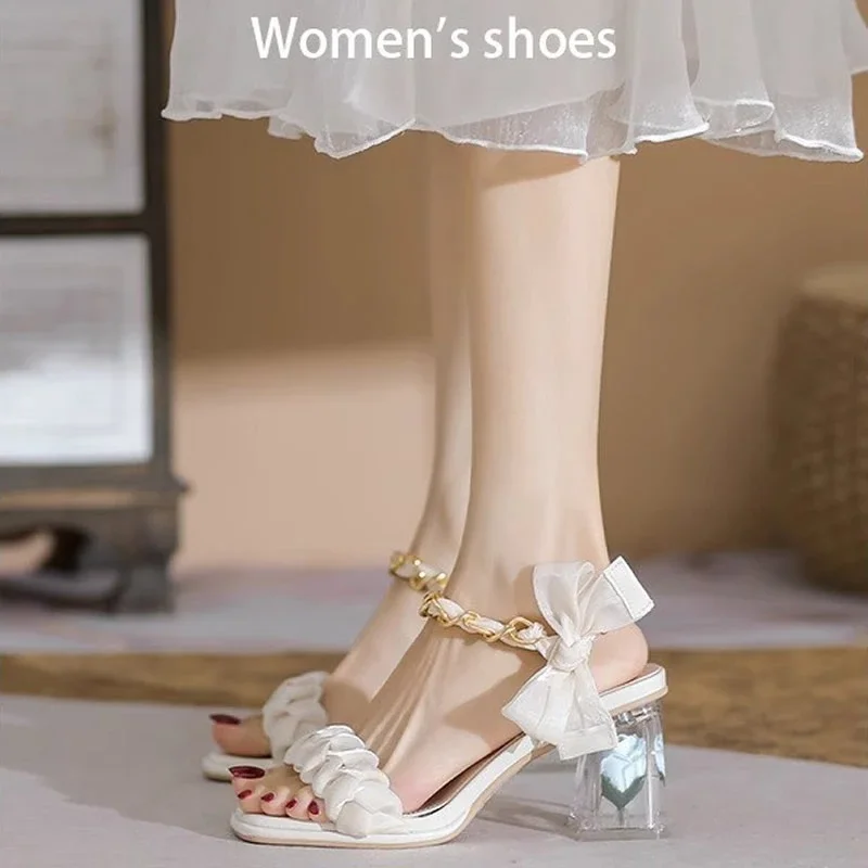 2024 Summer New Fashion High Heel Sandals Female Elegant Wedding Shoes Open Toed Bow Buckle Sandals Female Zapatos De Mujer